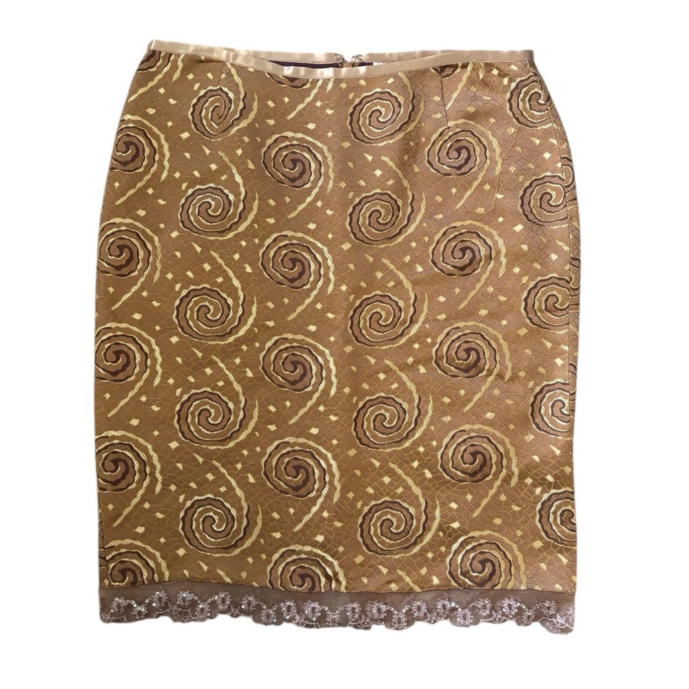 Tom K Nguyen Vintage Swirl Brocade /Lace Pencil Midi Skirt Brown Size 10